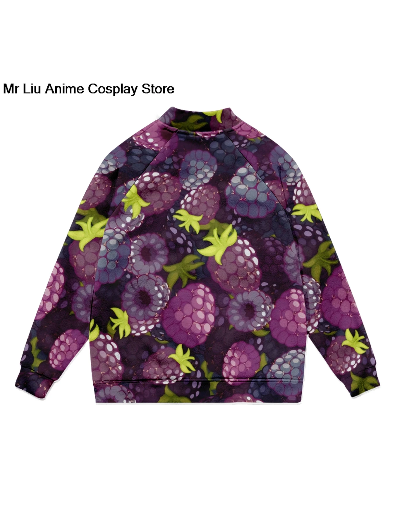 3D Raspberry Print Baseball Jacket High-Neck Snap Buttons Cardigan Trendy Berry All-Over Pattern Korean Street Fashion Outerwear