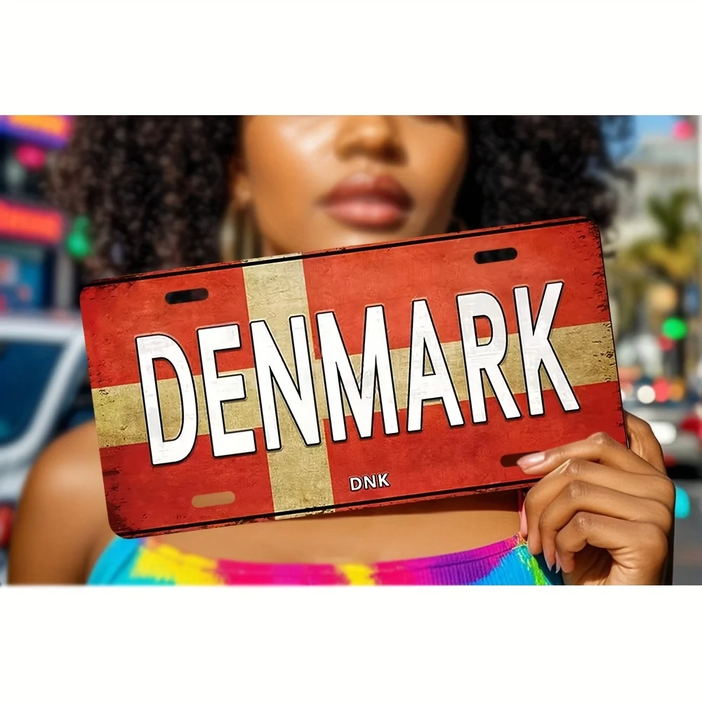 Plaque de plaque d'immatriculation avec drapeau du Danemark - Décoration murale vintage en métal durable, art mural pour la maison, le bureau, le bar ou la cave des hommes
