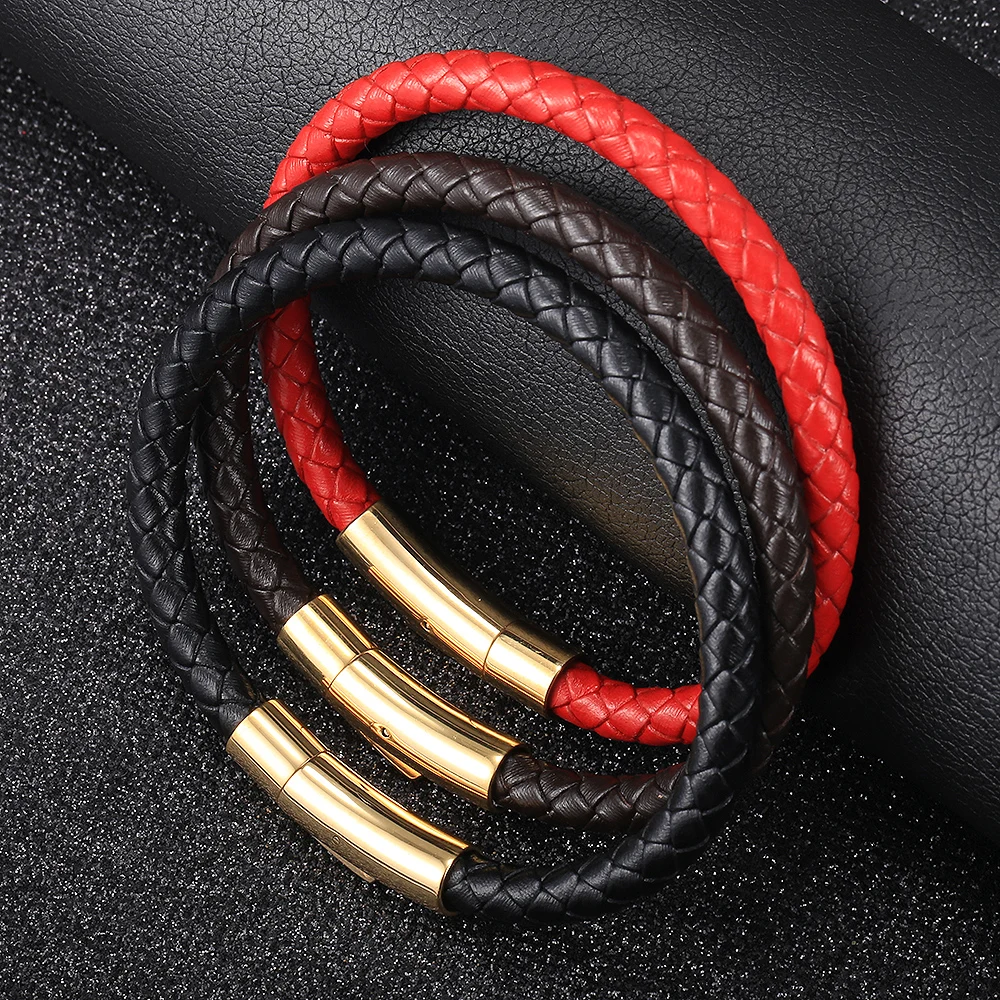 

4mm/6mm Man-made Leather Bracelet For Men Boys Red Brown Black Color Braided Rope Chain Bracelet Punk Hiphop Cool Jewelry DLB781