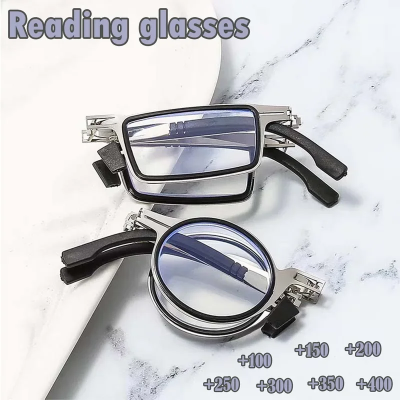Foldable Reading Glasses Portable For Men Metal Round Square Anti Blue Light Eyeglasses Men Presbyopia Gafas With Diopters to +4