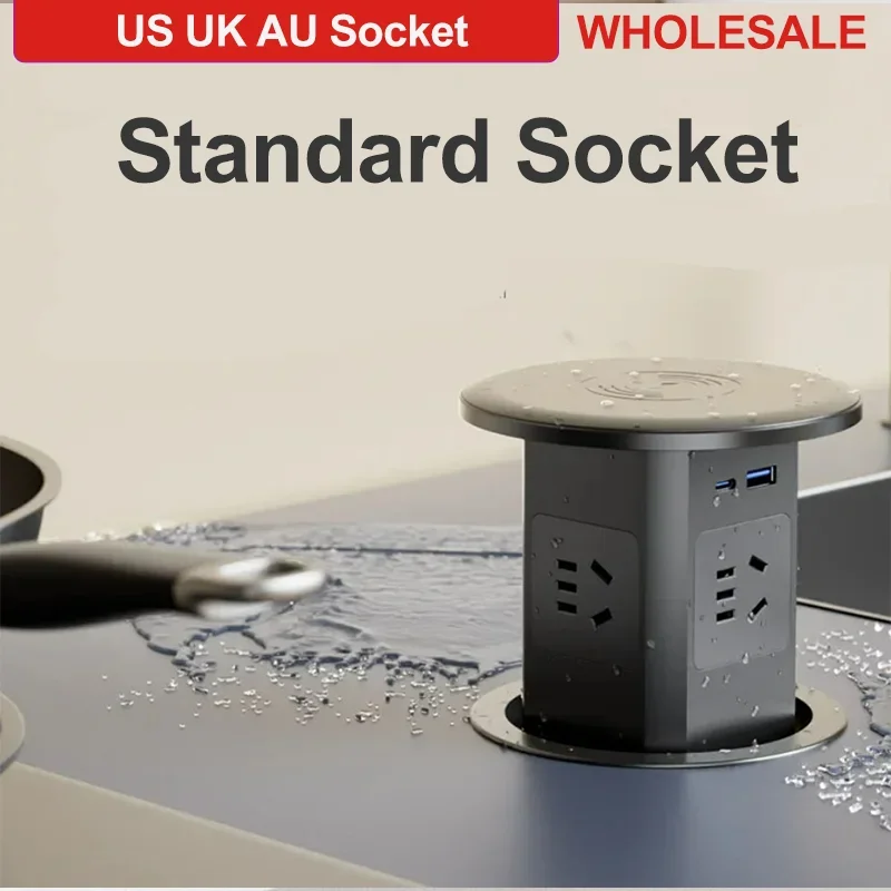 Pop Up Hidden Desk Box Outlet: Wireless Charge US UK AU Universal Sockets - Auto Lifting, Anti-Pinch Protection 130mm X 130mm