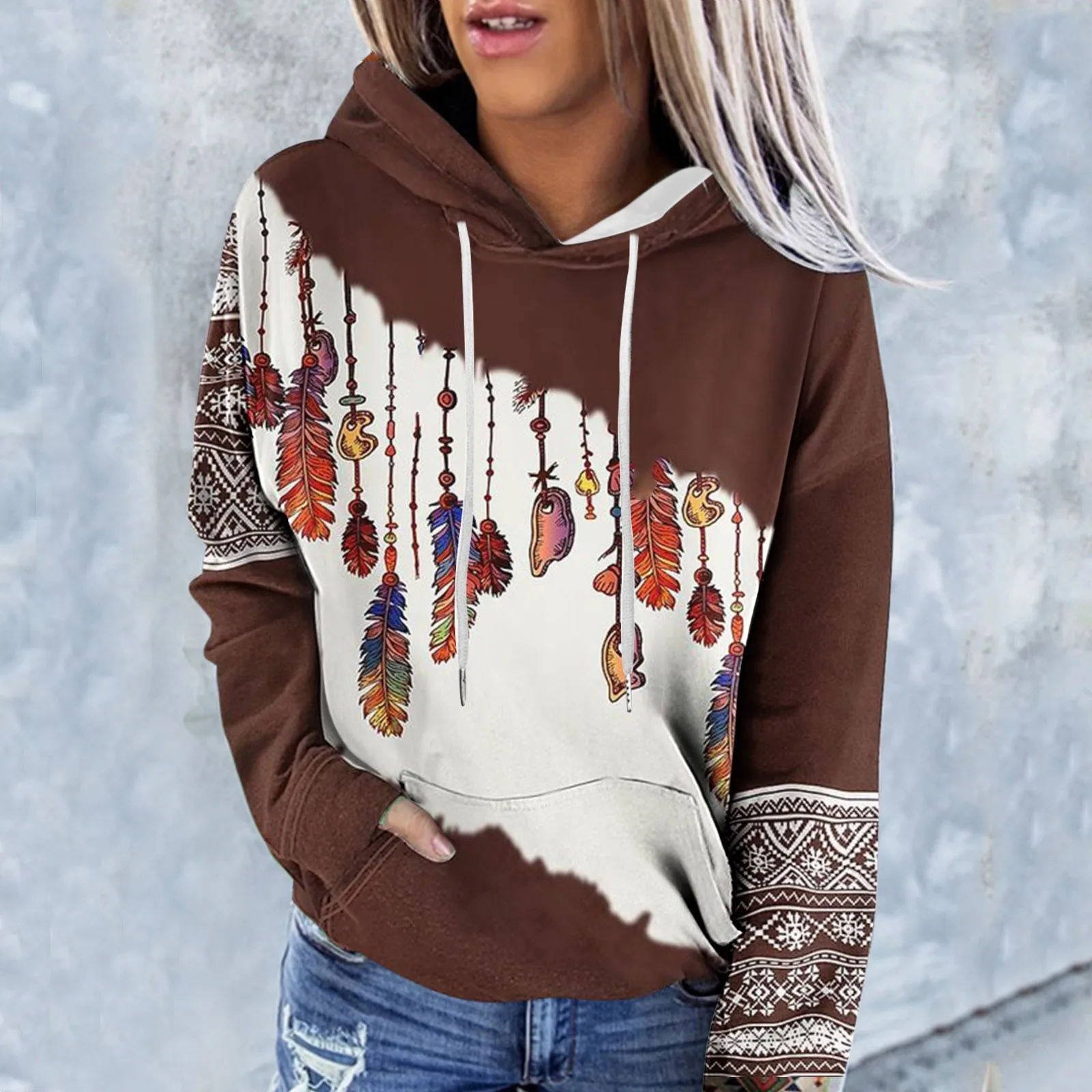 Womens Casual Geometric Horse Print Long Sleeve Drawstring Pullover Tops Ethnic Style Hooded Oversized Sweatshirt For Women