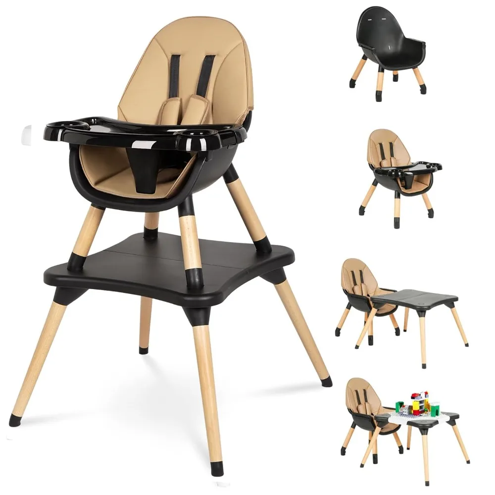 Trona 6 en 1 para bebés y niños pequeños, trona convertible de madera para bebés, juego de mesa y sillas, silla de alimentación de bebé, anuncio de 5 puntos