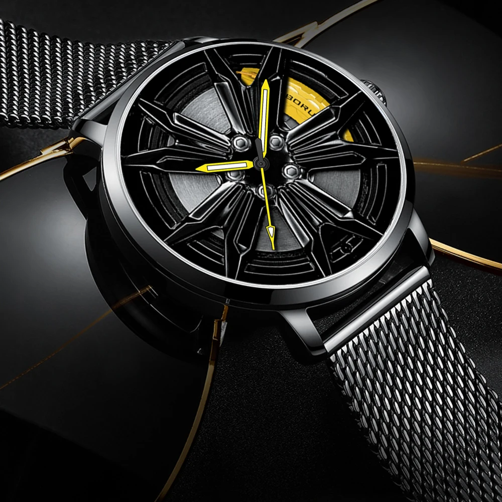 BORUSE Fashion Mens Car Wheel Watches Mesh Belt Waterproof Watch Men Quartz Wristwatch Luminous Clock relogio masculino