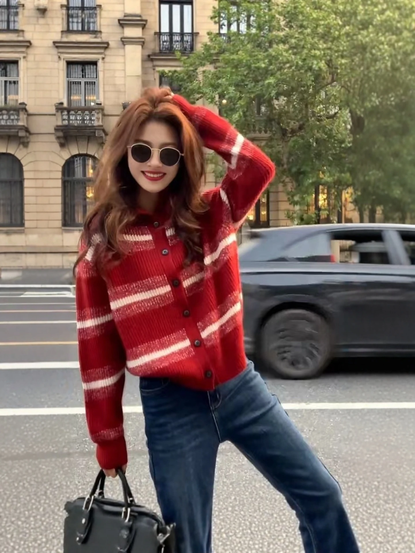 Korean Style Red Striped Knitted Sweater Coat Women's Loose Top 2026 Autumn Winter New Lazy Style Casual Fashion