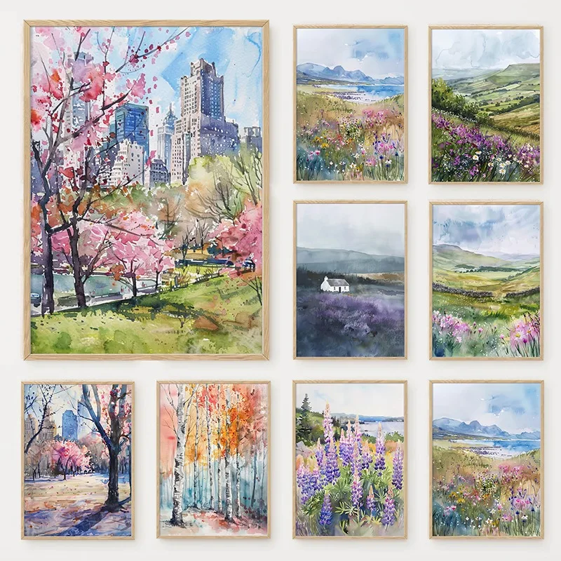 Unframe Watercolour Wildflower Landscape Poster Rustic Meadow Floral Lake Scenery Canvas Painting Wall Art for Living Room Home