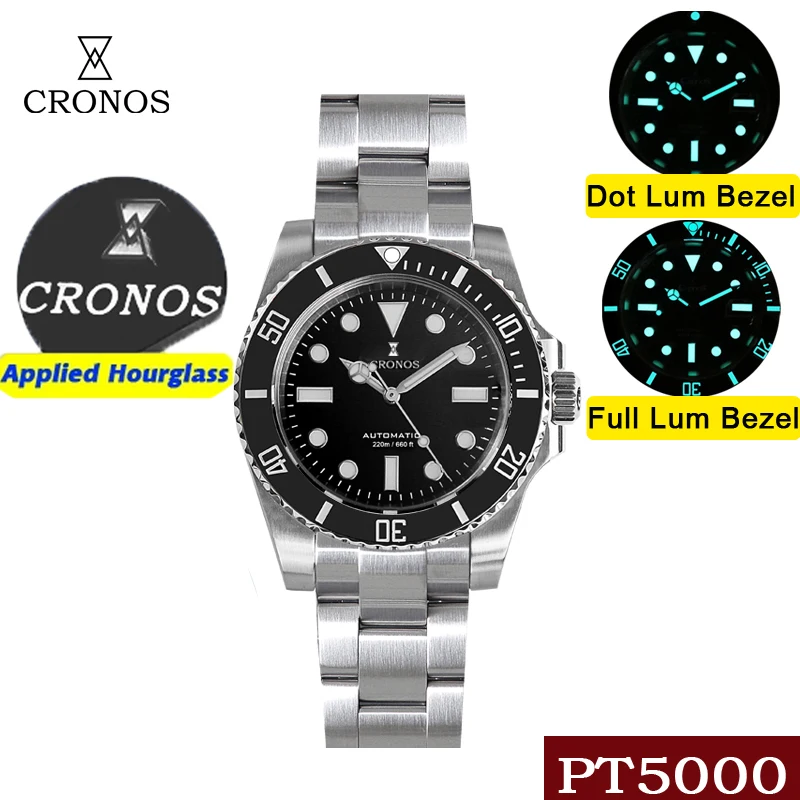 Cronos Sub Diving Herren Automatische Mechanische Uhr Ohne Datum PT5000 Gebürstetes Armband Keramik-Lünette 200m Wasserdicht Verstellbarer Verschluss L6005