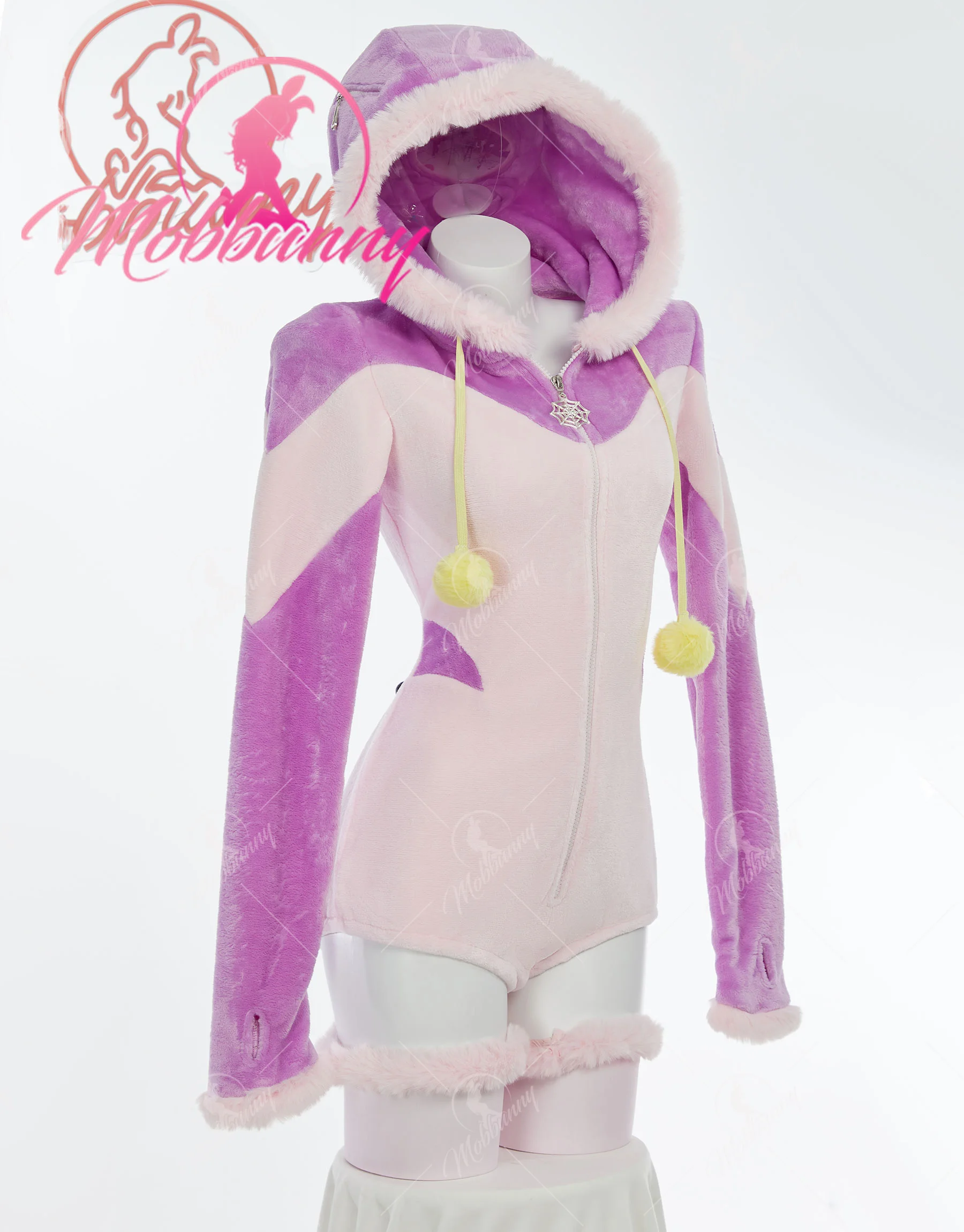 Mobbunny Women Anime Cosplay Plush Homewear Pink Fluffy Bodycon Romper Hooded Bodysuit with Spider Doll and Socks