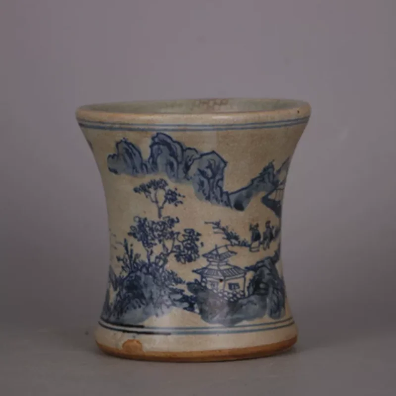 Antique Blue and White Porcelain Pen Holder - Traditional Landscape Motif Ceramic, Study Room Desktop Decor & Collectible
