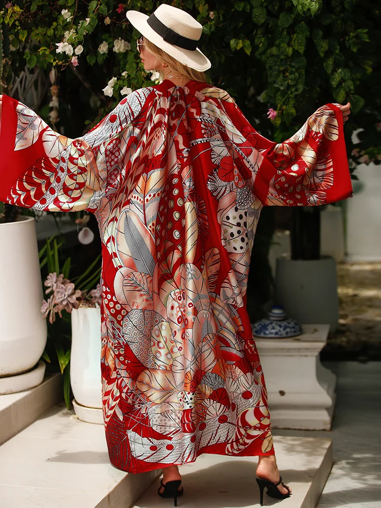 Kaftan 2023 Europe Summer Beach Dress Stitch Suits Cocktail Sexy Boho Holiday Batwing Sleeve Silk Robe Kimono Cardigan Women