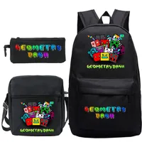 3Pcs Nylon Backpack with Geometry Dash Printing Cartoon School Bag Custom Large Capacity Kids Bags for Boys Girls Laptop Daypack