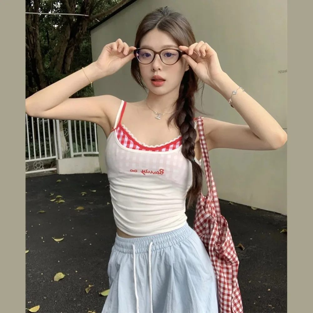 Sweet Spicy Plaid Pad Camisole Tank Top Belted Backless Cotton Women's Tank Top Lace Trim Slim Fit Outerwear Summer