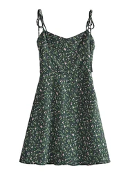 YENKYE 2022 Women Vintage Floral Print Dark Green Sling Chiffon Dress French Style Vestido Mujer A-line Short Summer Ladies Robe