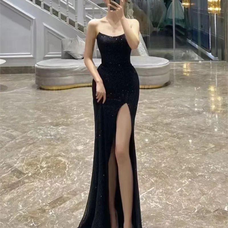 

Black Paillette Evening Wear Graceful Tube Top Goddess Split Fishtail Birthday Party Dress