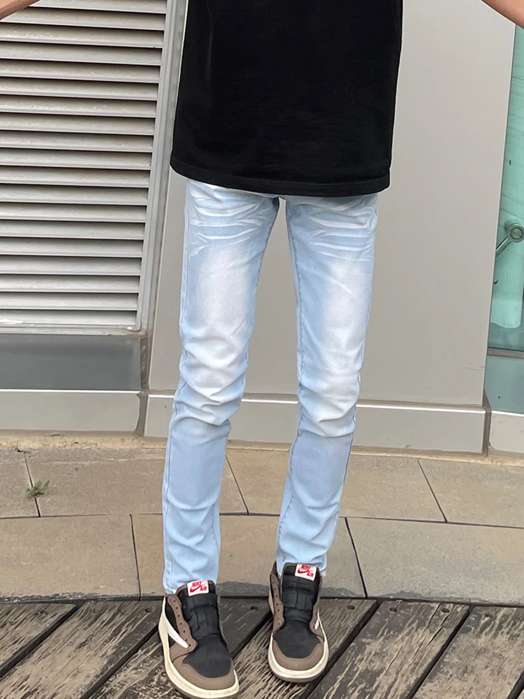 

Slim Fit Men's Light Blue Jeans Casual Straight Leg Elastic Youth Versatile Bootcut Pants Cotton Stretch Denim mid Waist Zipper