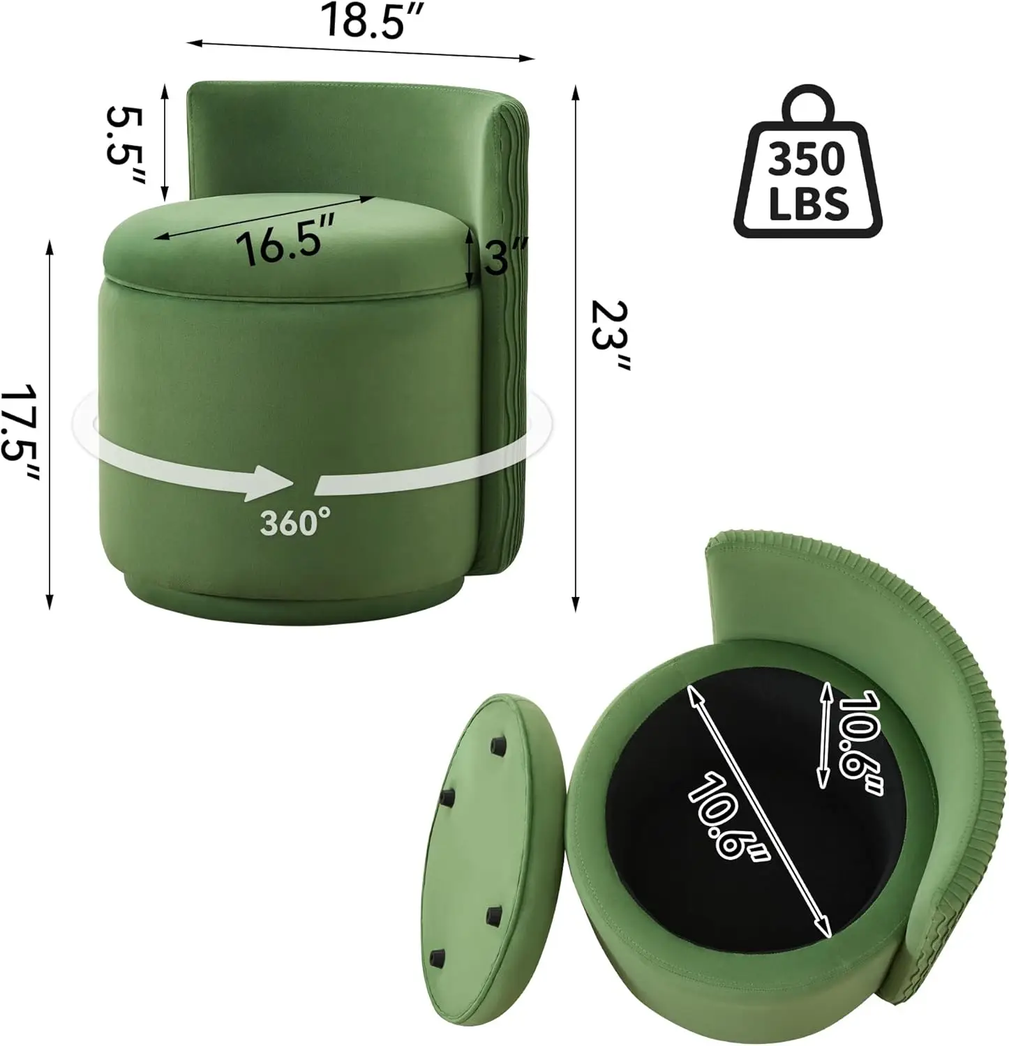 수납공간이 있는 벨벳 화장대 의자, 360 °   회전식, 웨이브 백, 녹색, 조립 불필요, 침실 또는 거실용 소형 스툴