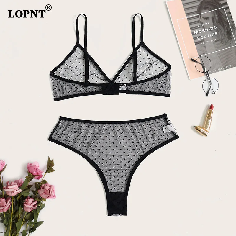 LOPNT Sexy Underwear Set Breathable Bralette With Sexi Underpants Polka Dot Sheer Mesh Lingerie Set Invisible Bra For Women Bh