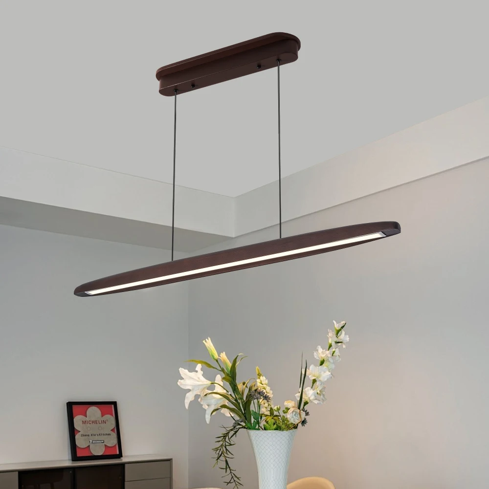 

39-inch Wooden LED Pendant Light: Remote, Adjustable for Dining/Kitchen/Living – Walnut