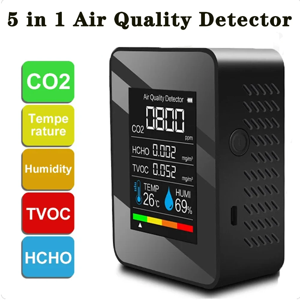 5 In 1 디지털 공기질 감지기 CO2 HCHO TVOC 온도 습도 모니터 테스터 이산화탄소 LCD 충전식 감지기 