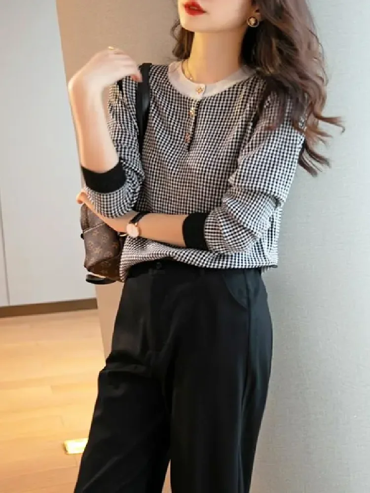 Autumn Knit Top Women Sweater Loose Pullover Black White Plaid Woman Clothes Blous Long Sleeve Top Grace Feminine Knited Sweater