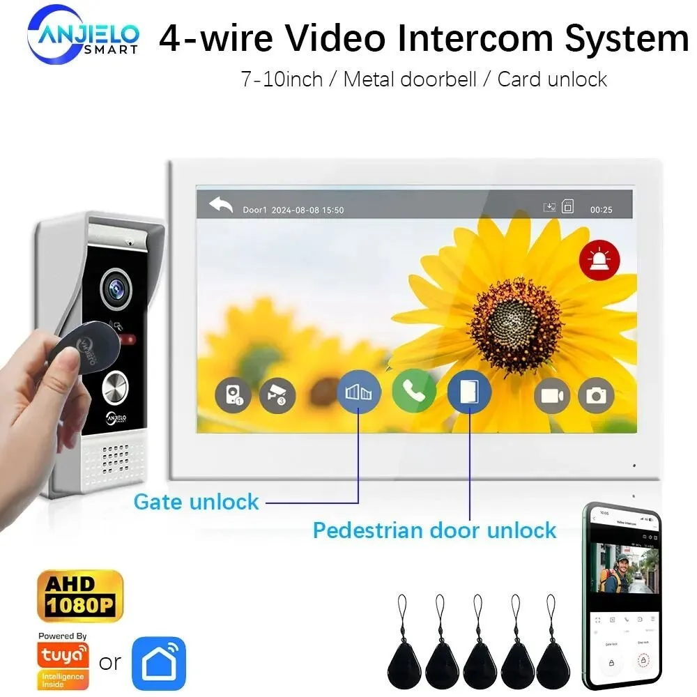 ANJIELO SMART 7" 4-Wire Video Intercom System 1080P Metal Doorbell RFID Tuya WiFi Night Vision Home Security