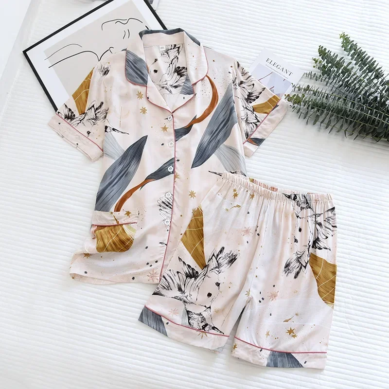 Mùa Hè Nữ Mới 100% Viscose Pyjama Set Ngắn Tay Quần Short Mỏng Phần Dịch Vụ Tận Nhà Rời Size Lớn Hai Mảnh bộ Plus Kích Thước