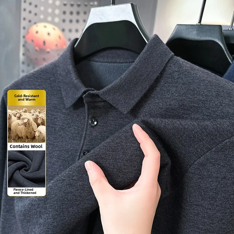 

Новый мужской свитер из шерстяной смеси с флисовой подкладкой, утепленный, зимний, вязаный, с отложным воротником, теплый базовый слой, с длинным рукавом, повседневный, 2024