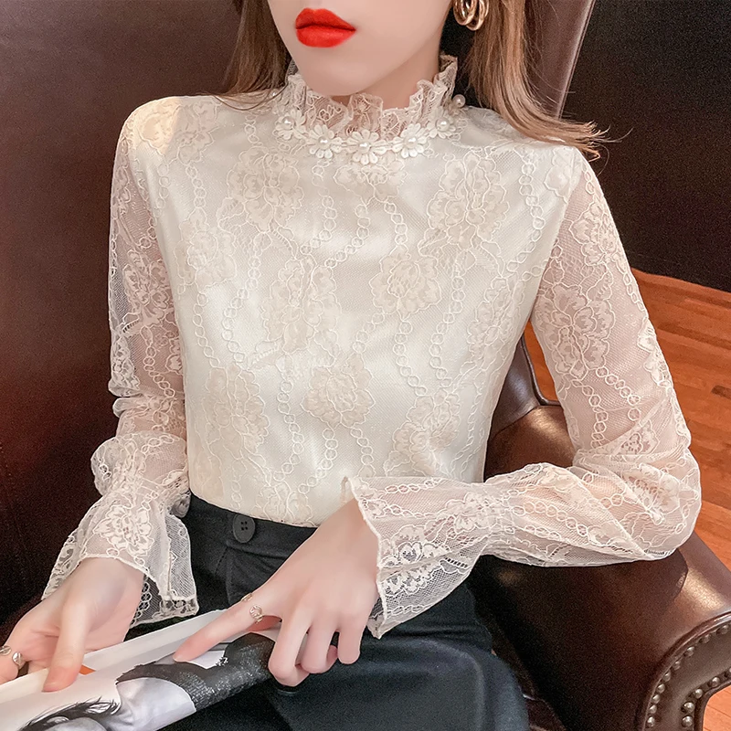 

Blouses Women 2022 Shirts Korean Style Long Sleeve Blouse Women's Tops Free Shipping Lace Spliced Flare Sleeve Floral Beading