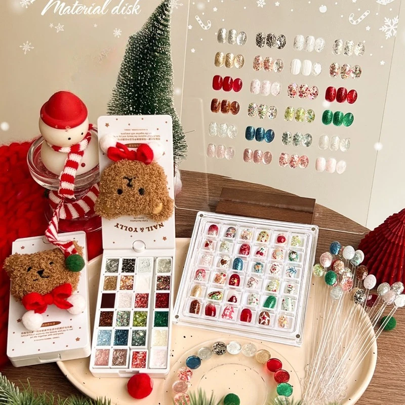 24색 크리스마스 레드 그린 솔리드 젤 네일 폴리시 팔레트 반영구 글리터 골드 실버 UV/LED 소크 오프 젤 바니시