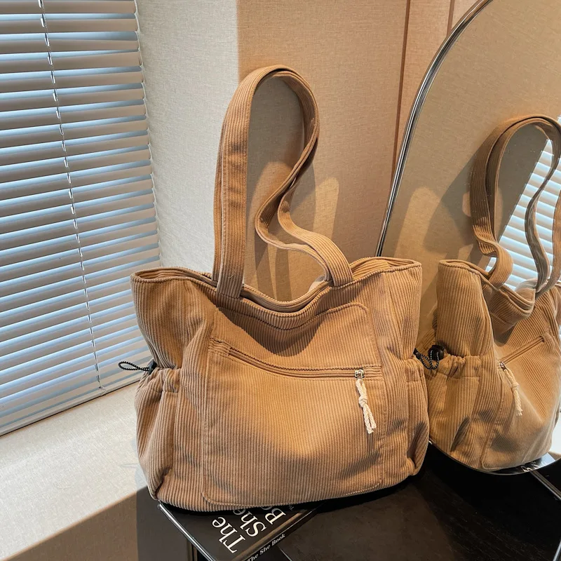 

New Corduroy Simple Shoulder Bag Fashion Striped Wrinkle Design Casual Handle Bag for Women Casual and Versatile Storage Bags
