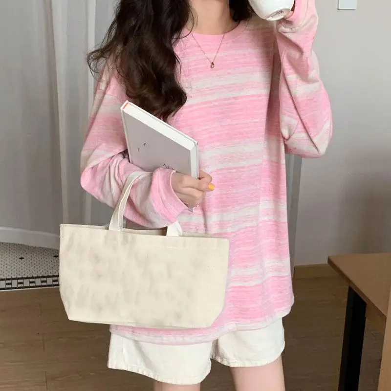 Striped Crew Neck Long Sleeve T-Shirt Fall Loose Student Top Roupas Feminina Tees Y2k Clothes Camisetas