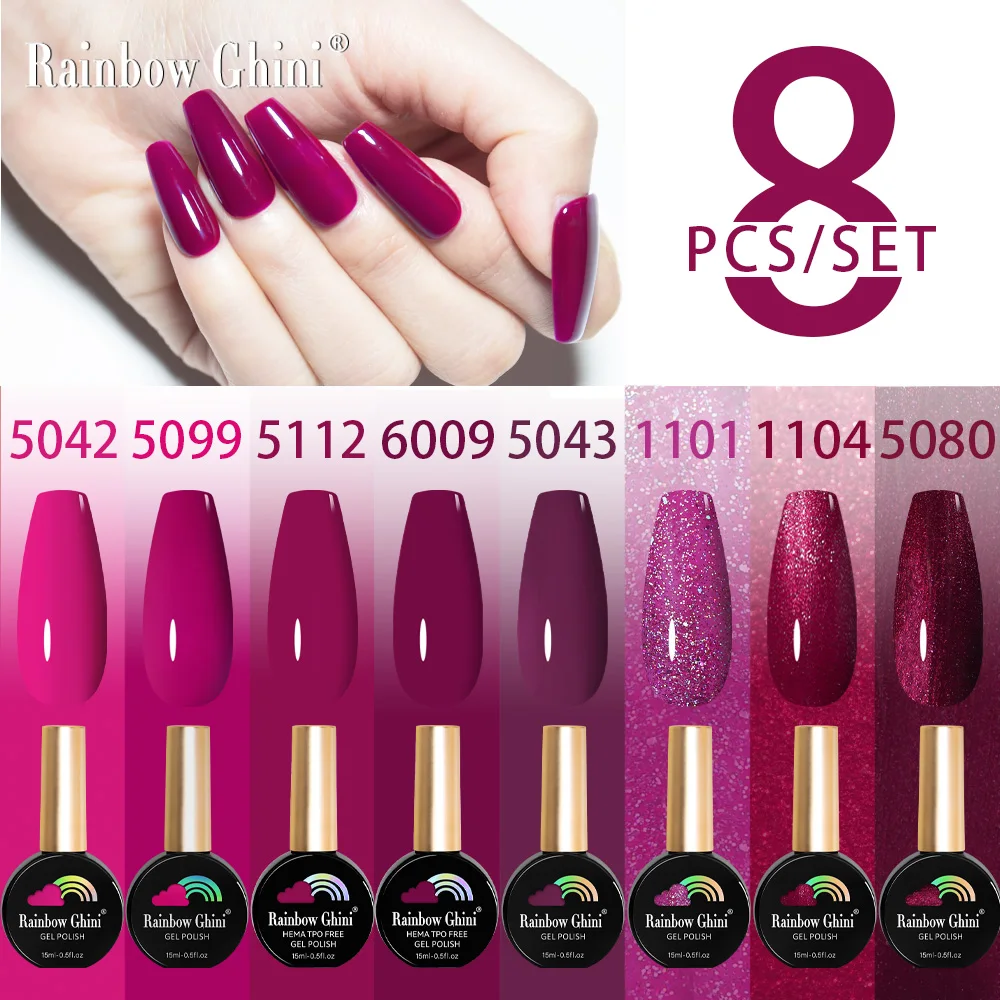 

Rainbow Ghini 15ML 8Pcs/Set Purple Tone Nail Gel Polish Set Soak Off UV LED Gel Varnish Forest Green Nail Polish TPO Hema Free