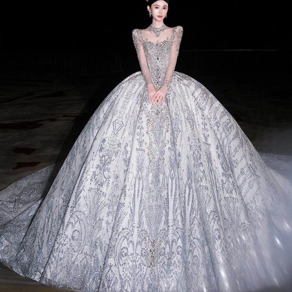 Ball Gown O-Neck White Customized Back Lace Up Wedding Dresses Long Sleeve Organza Sequins Bridal Gowns Plus Size فساتين