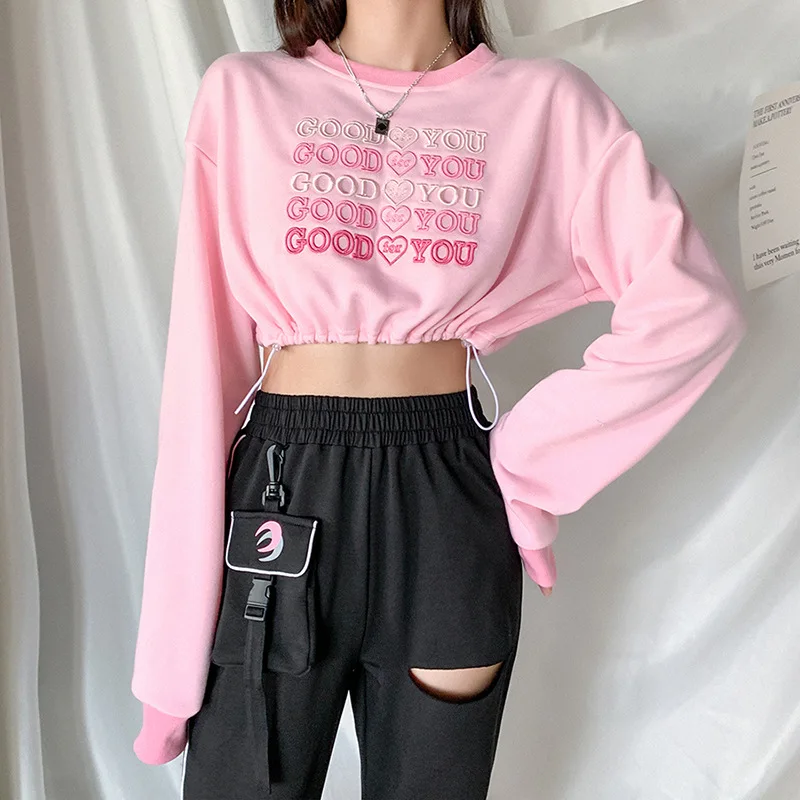 2024 Women Fashion Long Sleeve Sweet Pink Letter Embroidery All-Match Tops Female Fall Stylish Drawstring Crop Top for Ladies