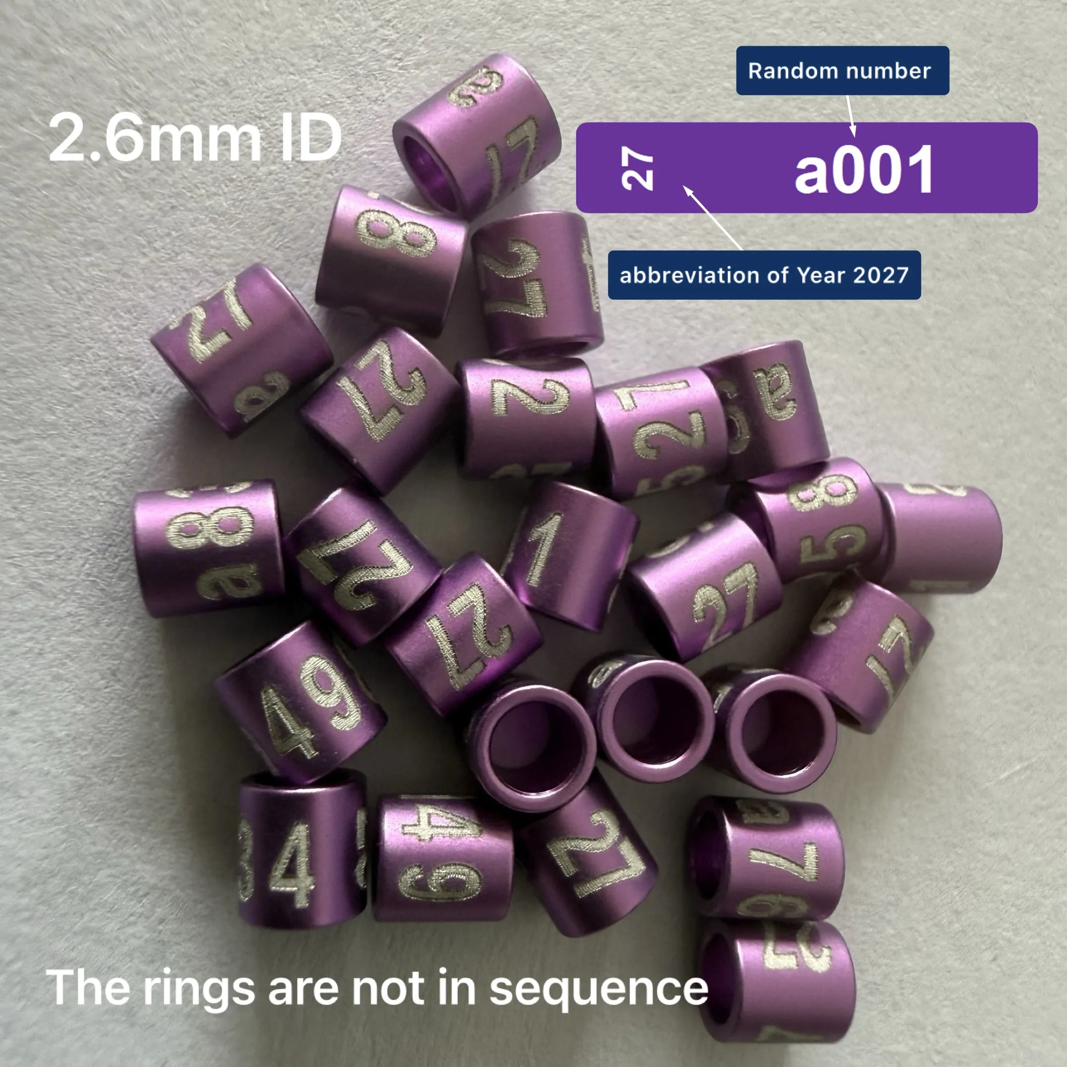 100PCS Purple 2027 3.0mm, 2.6mm Aluminum Bird Leg Band Unique Random ID Numbered Newborn 10days (the Rings Are Not in Sequence)