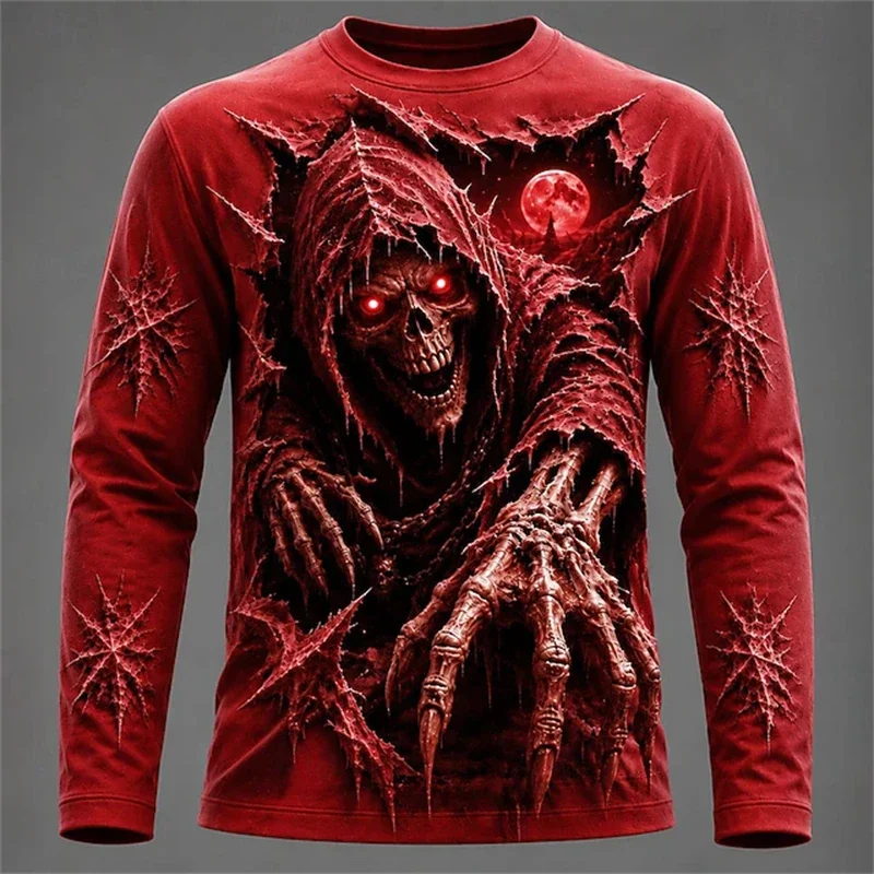 Men's 3D Grim Reaper Skeleton Long-Sleeve T-Shirt with Glowing Skeleton Claws Breaking Through A Wall Print Halloween Costume