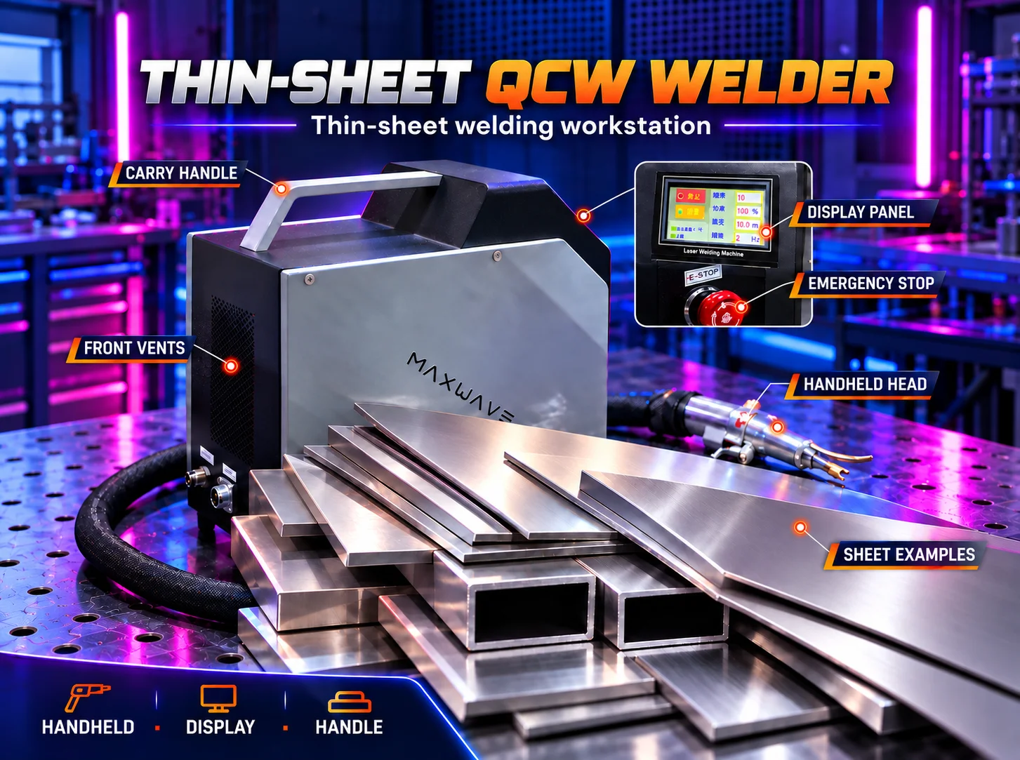 Compact Thin Sheet QCW Welder with Handheld Welding Head, Display Interface and Carrying Handle