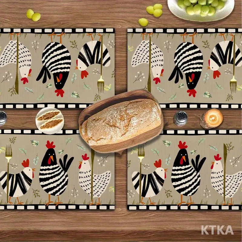 4Pcs, American Retro Pastoral Chicken Placemats, the Best Placemats, Washable, Suitable for Holiday Parties, Home Decoration, Kitchen Countertops, Rectangular Dining Rooms, Making Your Dining Room and Kitchen More Beautiful, Birthday Gifts and Housewarming Party Gifts for Family and Friends