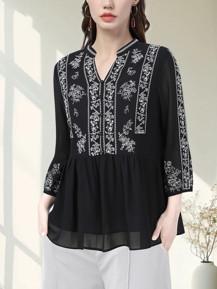 Vintage Embroidered Women Black Chiffon Blouse Women Loose Plus Size V-neck Short Sleeve Spring Summer Tops Female Tulle Shirts