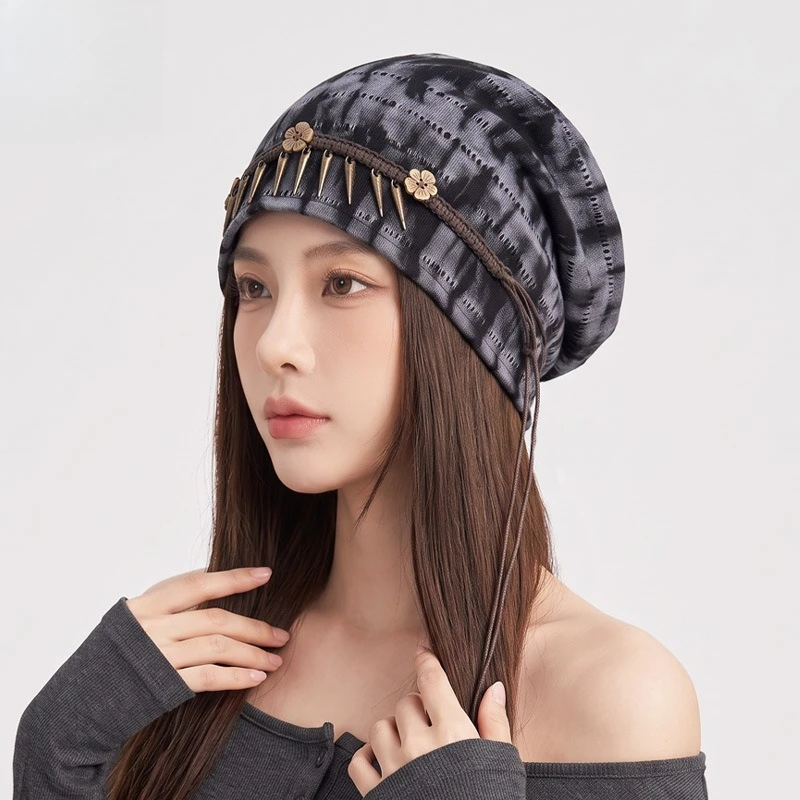 Retro Tie-dye Ethnic Style Stacking Hat Women's Versatile Loose Big Head Circumference Fringed Bag Head Hat Thermal Cover Hat