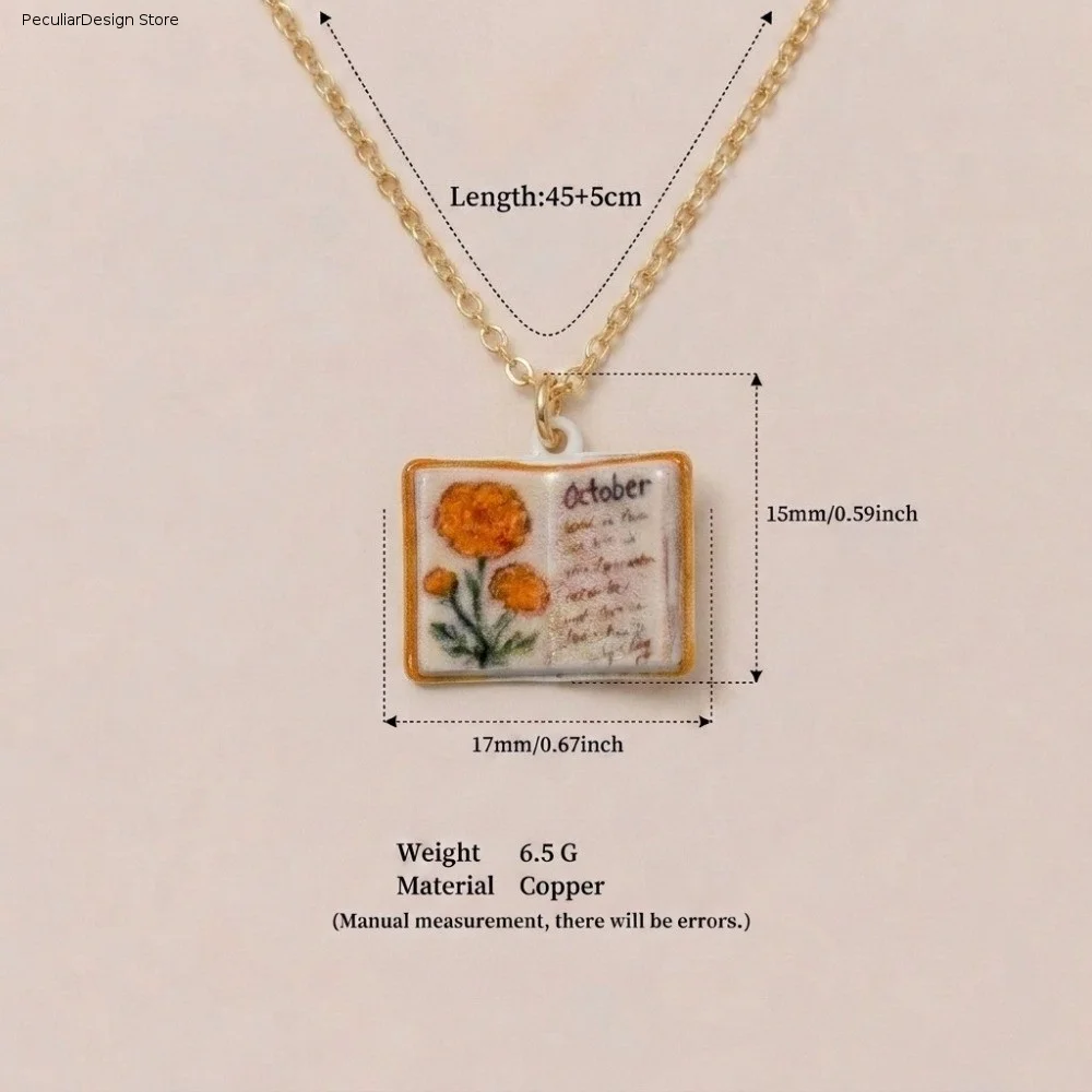 Antique Porcelain Book Pendant Necklace Vintage Style Copper Design Book Necklace Design Sense Hand-painted