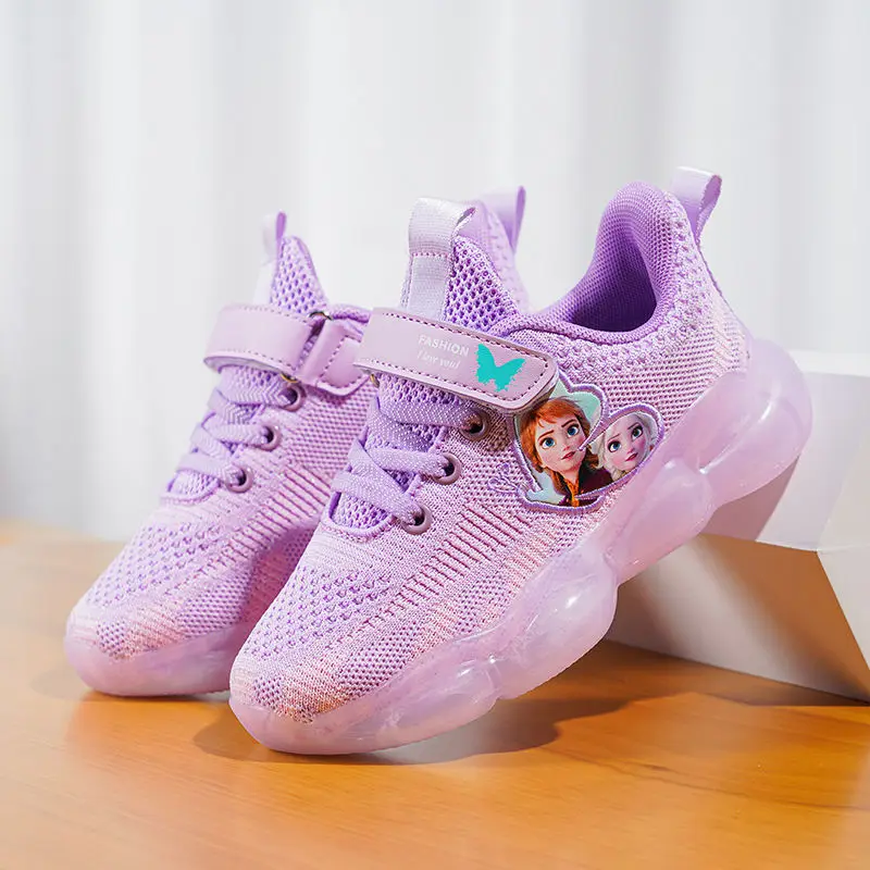 Disney Girls\' Casual Shoes Mesh Breathable Running Shoes Sneakers Pink Purple Frozen Priness Elsa Shoes Size 26-37