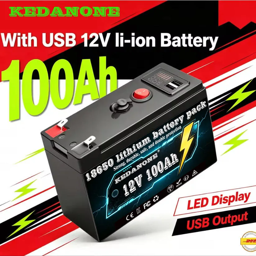 Kedanone 12V 200AH Battery Free Charger 12V 18650 Lithium Battery Built-In 300A BMS 6000+ Cycle For Solar RV Marine Energy