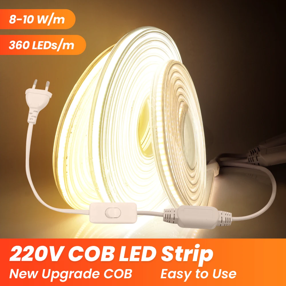 Bande lumineuse LED COB Super brillante, étanche IP65, AC220V 100M, 360 diodes/m, pour l\'extérieur, avec prise