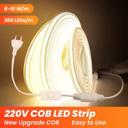 Ac220v 100m cob luz led super brilhante 360leds/m tira led flexível barra de luz cob ao ar livre ip65 à prova dip65 água tira de luz led + plug