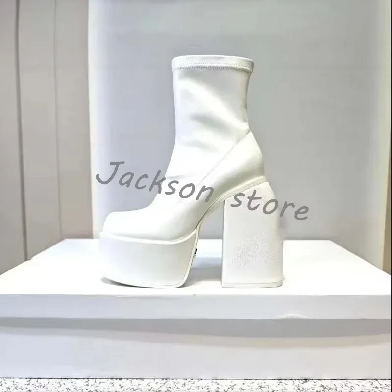 Новые модные ботильоны на толстой подошве, женские элегантные эластичные ботинки с круглым носком, модные стильные водонепроницаемые женские туфли на очень высоком каблуке