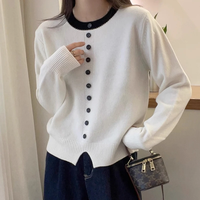 Korean Contrast Color Round Neck Long Sleeve Button Knitted Sweater For Women