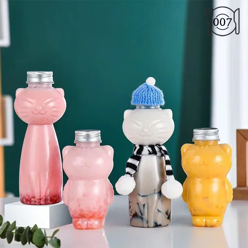 Diy Milk Tea Juice Bottles Beverage PET Water Bottle Cartoon Cat Drink Bottles  Disposable Takeaway Coffee Cup With Lids Decor