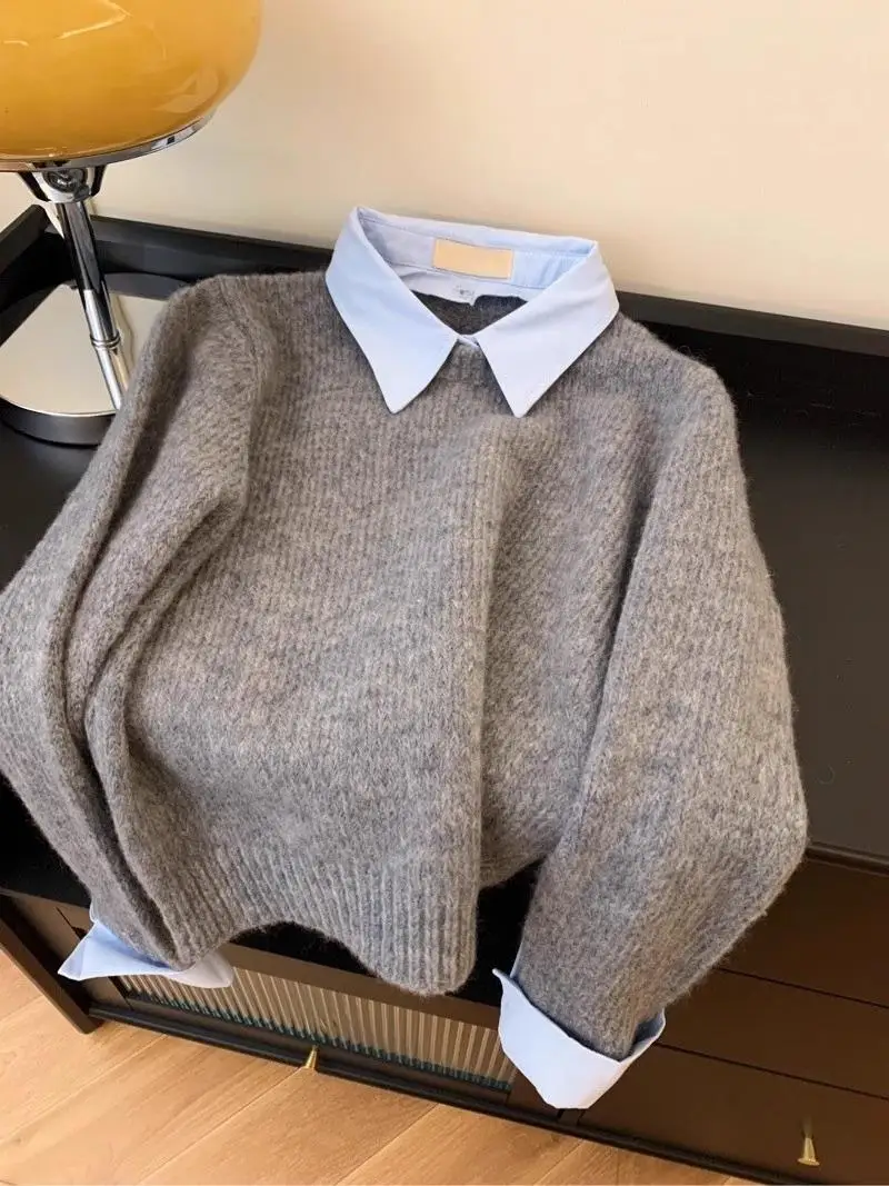Shirt Collar Long Sleeved Sweater Korean Fake Two-piece Color Block Knitted Pullover Top Women\'s Autumn Loose Versatile Coat