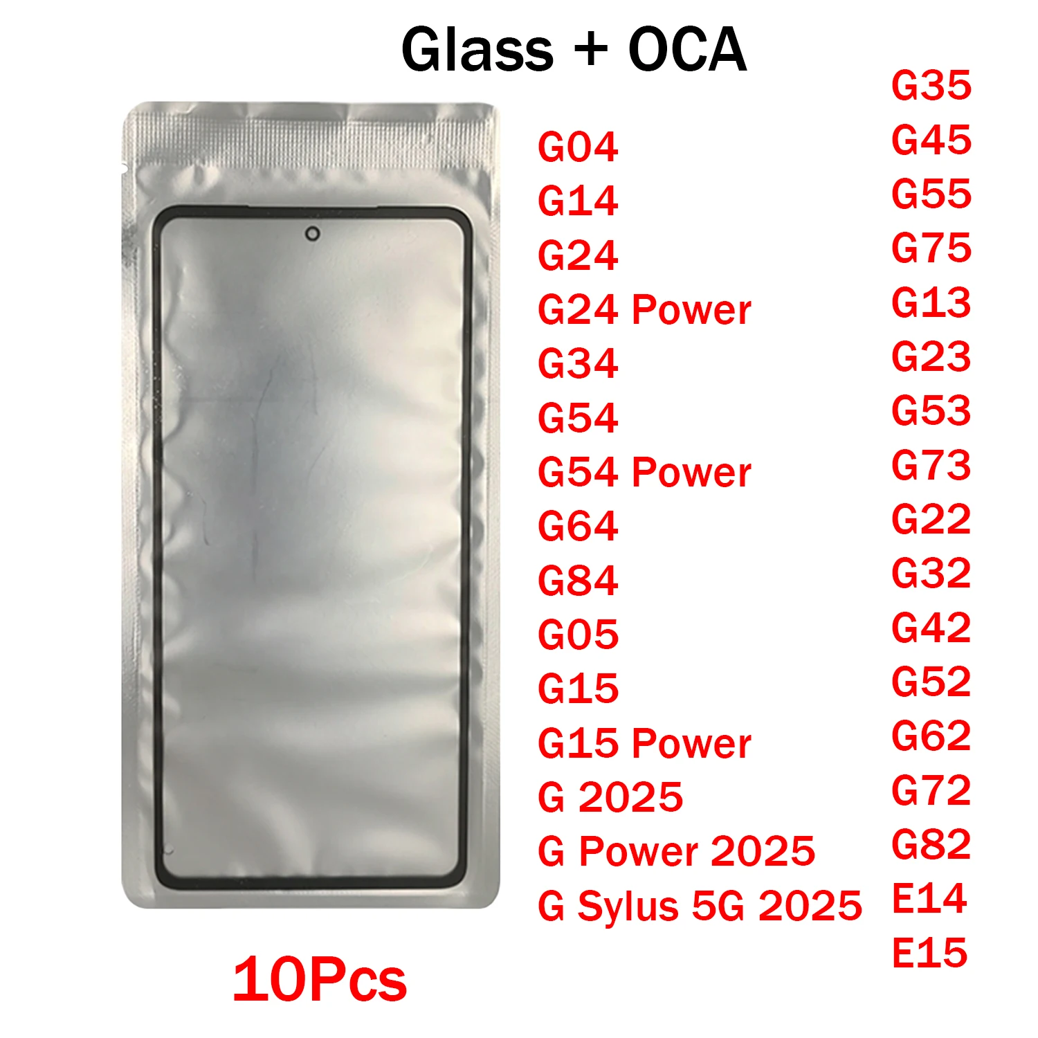 10 peças para motorola moto g24 g54 g64 g15 g35 g55 g75 g62 g82 g33 g53 g73 e14 e15 g tela de toque de energia vidro frontal externo com oca